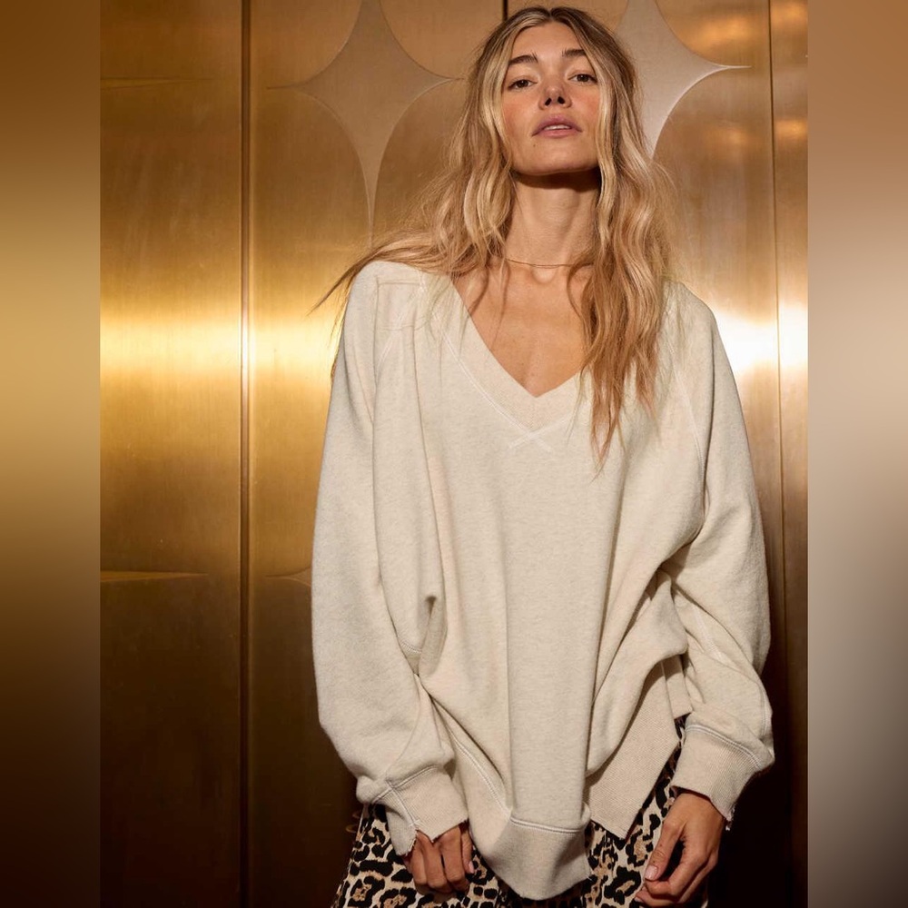 Aerie Downtime V-Neck Sweatshirt, beige oatmeal, Oversized Large